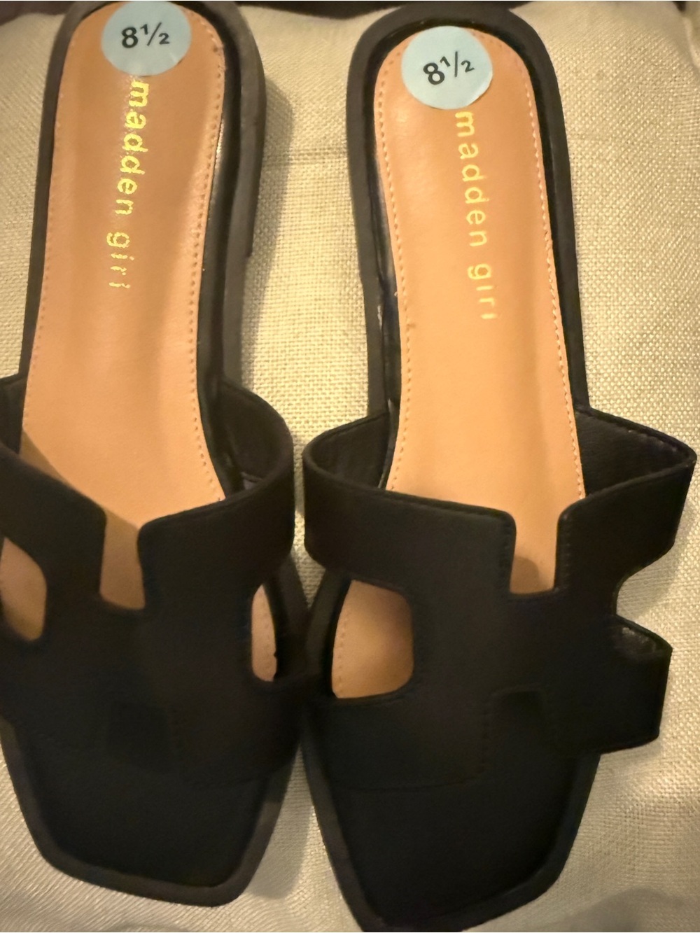 Madden Girl Black Slide Sandals with Tan Insole